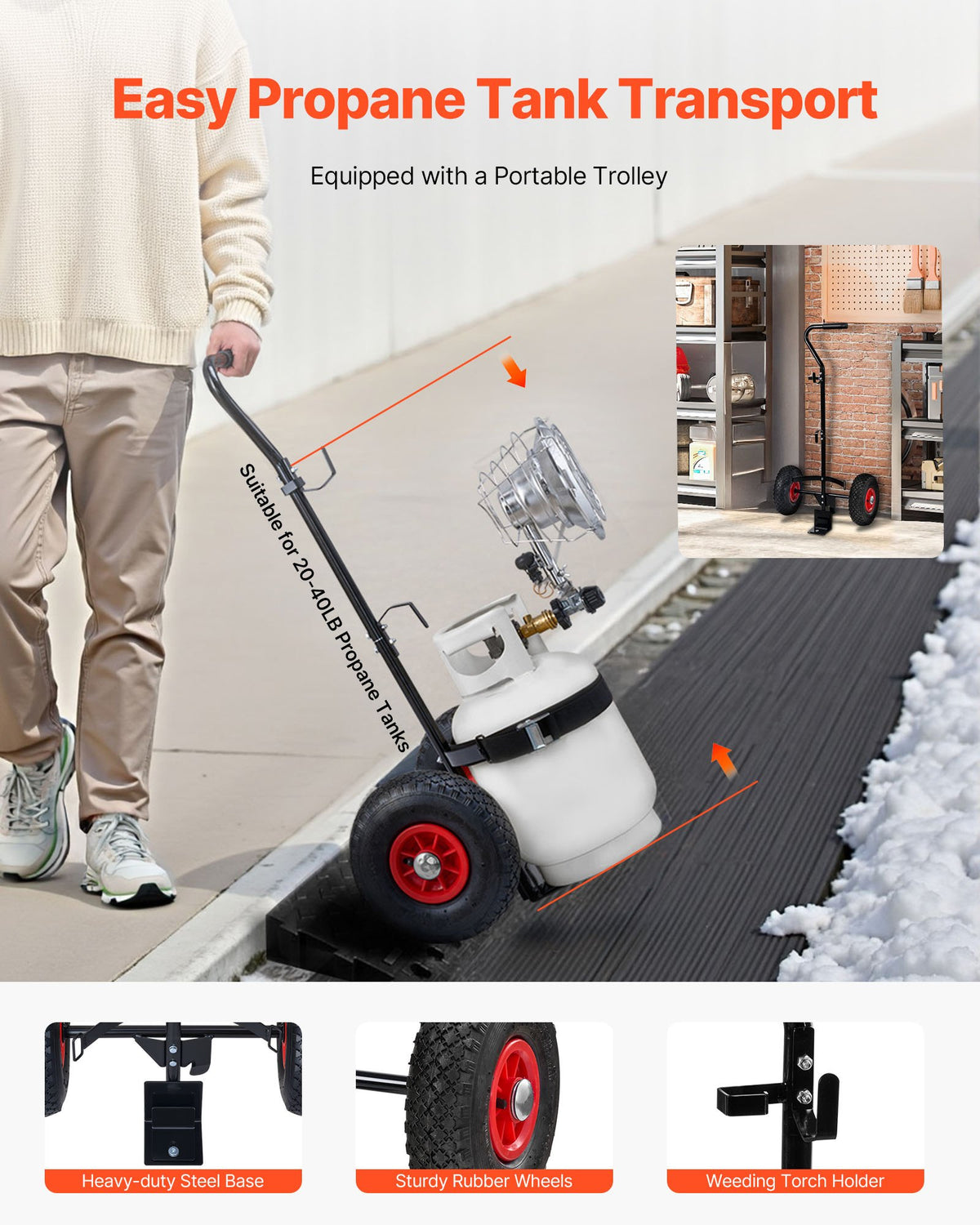 VEVOR Propane Tank Top Heater with Portable Trolley, 15000 BTU Rapid Heating 180-Degree Infrared Radiant Tank Top Gas Heater for 20-40lb Propane Tanks, for Ice Fishing/ Hunting/Outdoor Single Burner - BWGDJRQBWGTCMP69D001V0 - view 3