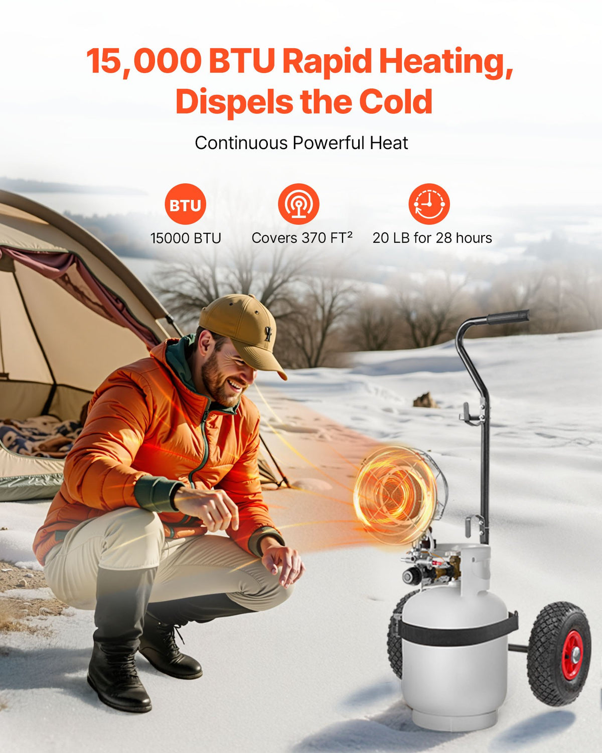 VEVOR Propane Tank Top Heater with Portable Trolley, 15000 BTU Rapid Heating 180-Degree Infrared Radiant Tank Top Gas Heater for 20-40lb Propane Tanks, for Ice Fishing/ Hunting/Outdoor Single Burner - BWGDJRQBWGTCMP69D001V0 - view 4