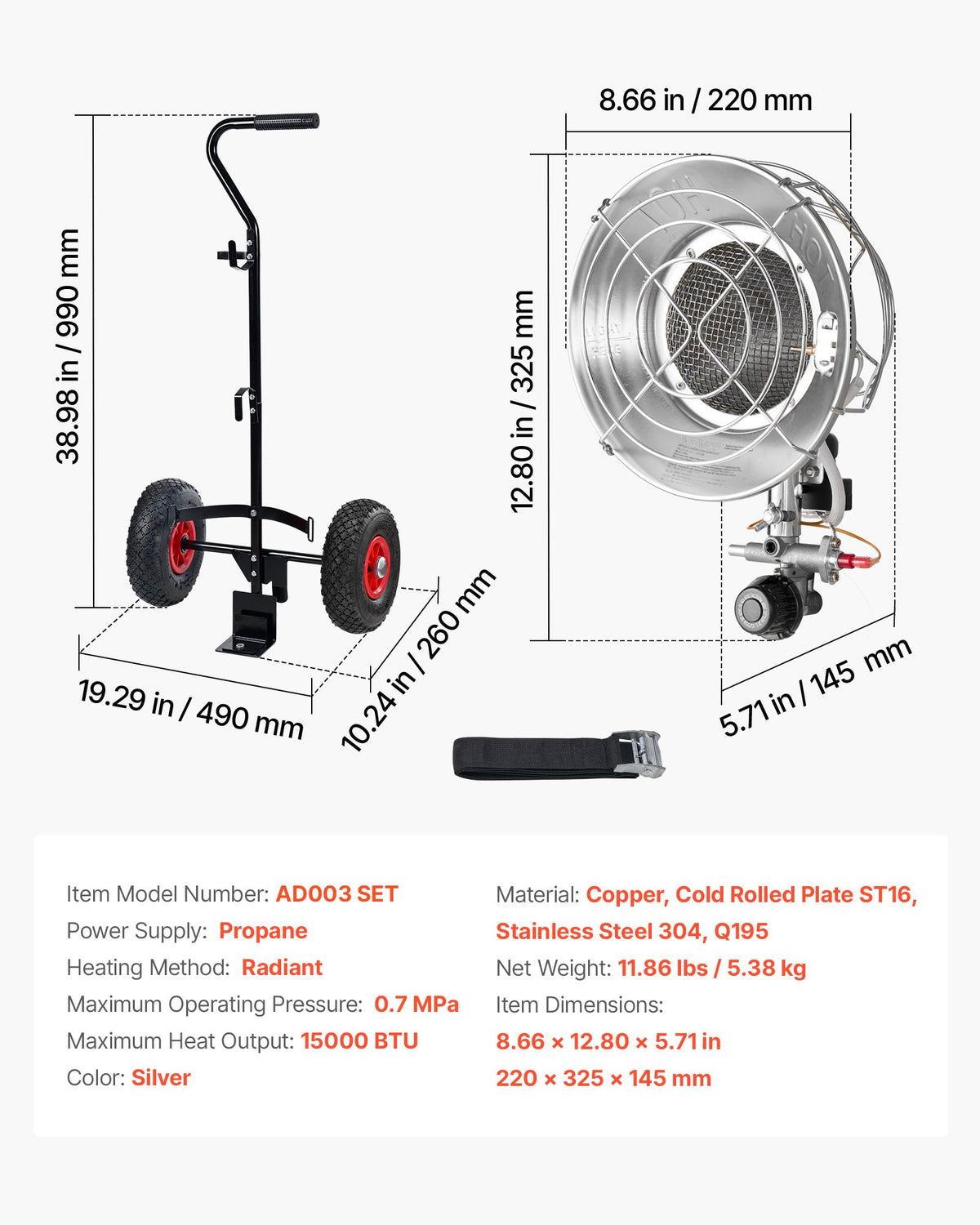 VEVOR Propane Tank Top Heater with Portable Trolley, 15000 BTU Rapid Heating 180-Degree Infrared Radiant Tank Top Gas Heater for 20-40lb Propane Tanks, for Ice Fishing/ Hunting/Outdoor Single Burner - BWGDJRQBWGTCMP69D001V0 - view 8