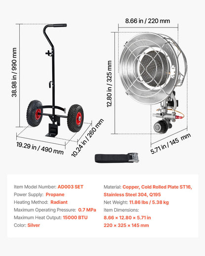 VEVOR Propane Tank Top Heater with Portable Trolley, 15000 BTU Rapid Heating 180-Degree Infrared Radiant Tank Top Gas Heater for 20-40lb Propane Tanks, for Ice Fishing/ Hunting/Outdoor Single Burner - BWGDJRQBWGTCMP69D001V0 - view 8