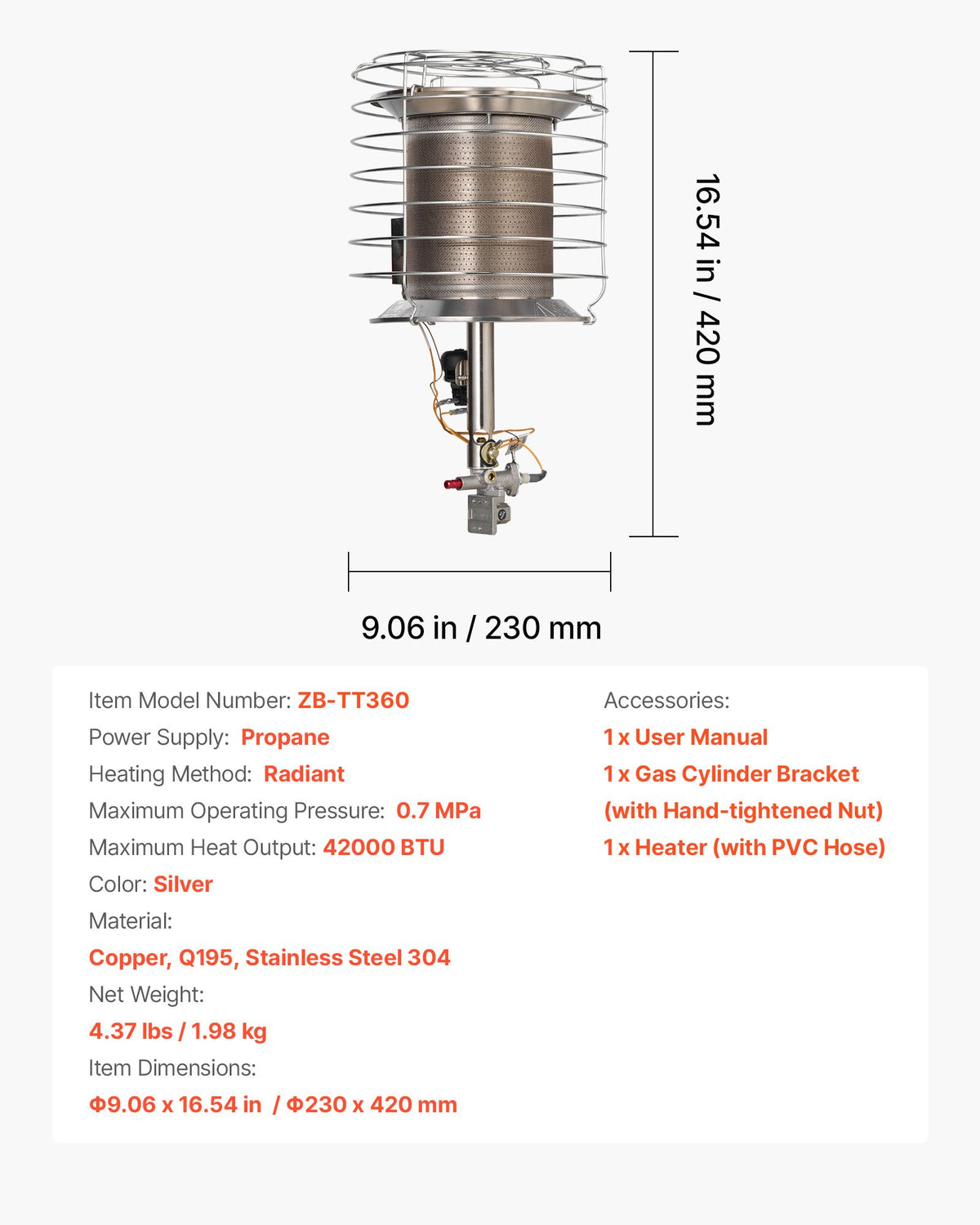 VEVOR Propane Tank Top Heater, 42000 BTU Rapid Heating 360-Degree Infrared Radiant Tank Top Gas Heater, Stepless Temperature Adjustment for Ice Fishing/ Hunting/Outdoor Work, Single Burner - BWGDJRQDFRQDTZBEJ001V0 - view 8