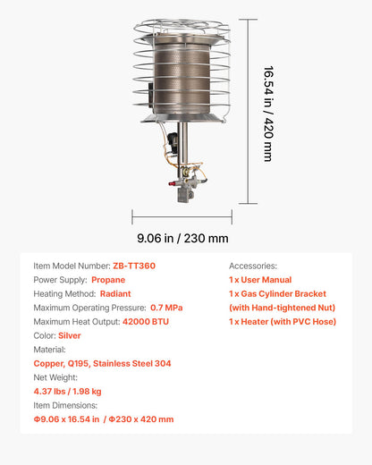 VEVOR Propane Tank Top Heater, 42000 BTU Rapid Heating 360-Degree Infrared Radiant Tank Top Gas Heater, Stepless Temperature Adjustment for Ice Fishing/ Hunting/Outdoor Work, Single Burner - BWGDJRQDFRQDTZBEJ001V0 - view 8