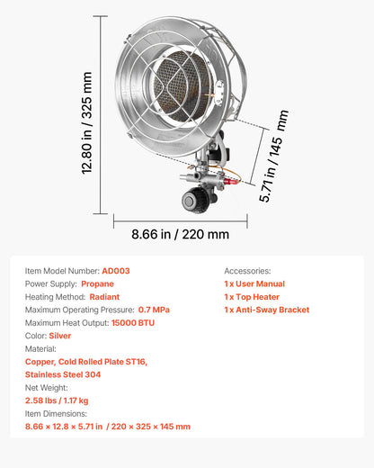VEVOR Propane Tank Top Heater, 15000 BTU Rapid Heating 180-Degree Infrared Radiant Tank Top Gas Heater, Stepless Temperature Adjustment for Ice Fishing/ Hunting/Outdoor Work, Single Burner Round - BWGDJRQDFRQDVHE70001V0 - view 8