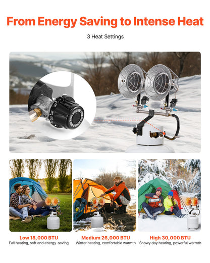 VEVOR Propane Tank Top Heater, 30000 BTU Rapid Heating 180-Degree Infrared Radiant Tank Top Gas Heater, 3 Heat Settings for Ice Fishing/ Hunting/Outdoor Work, Single Burner Square - BWGDJRQDFRQSD633T001V0 - view 4