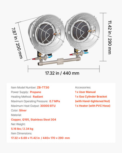 VEVOR Propane Tank Top Heater, 30000 BTU Rapid Heating 180-Degree Infrared Radiant Tank Top Gas Heater, 3 Heat Settings for Ice Fishing/ Hunting/Outdoor Work, Single Burner Square - BWGDJRQDFRQSD633T001V0 - view 8