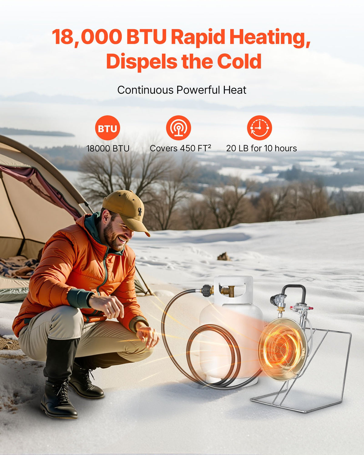 VEVOR Propane Tank Top Heater, for 1lb Small Tanks and 5-40lb Large Tanks, 18000 BTU Rapid Heating 180-Degree Infrared Radiant Tank Top Gas Heater,3 Heat Settings for Ice Fishing,Single Burner - BWGDJRQDTDX11ZBCK001V9 - view 5