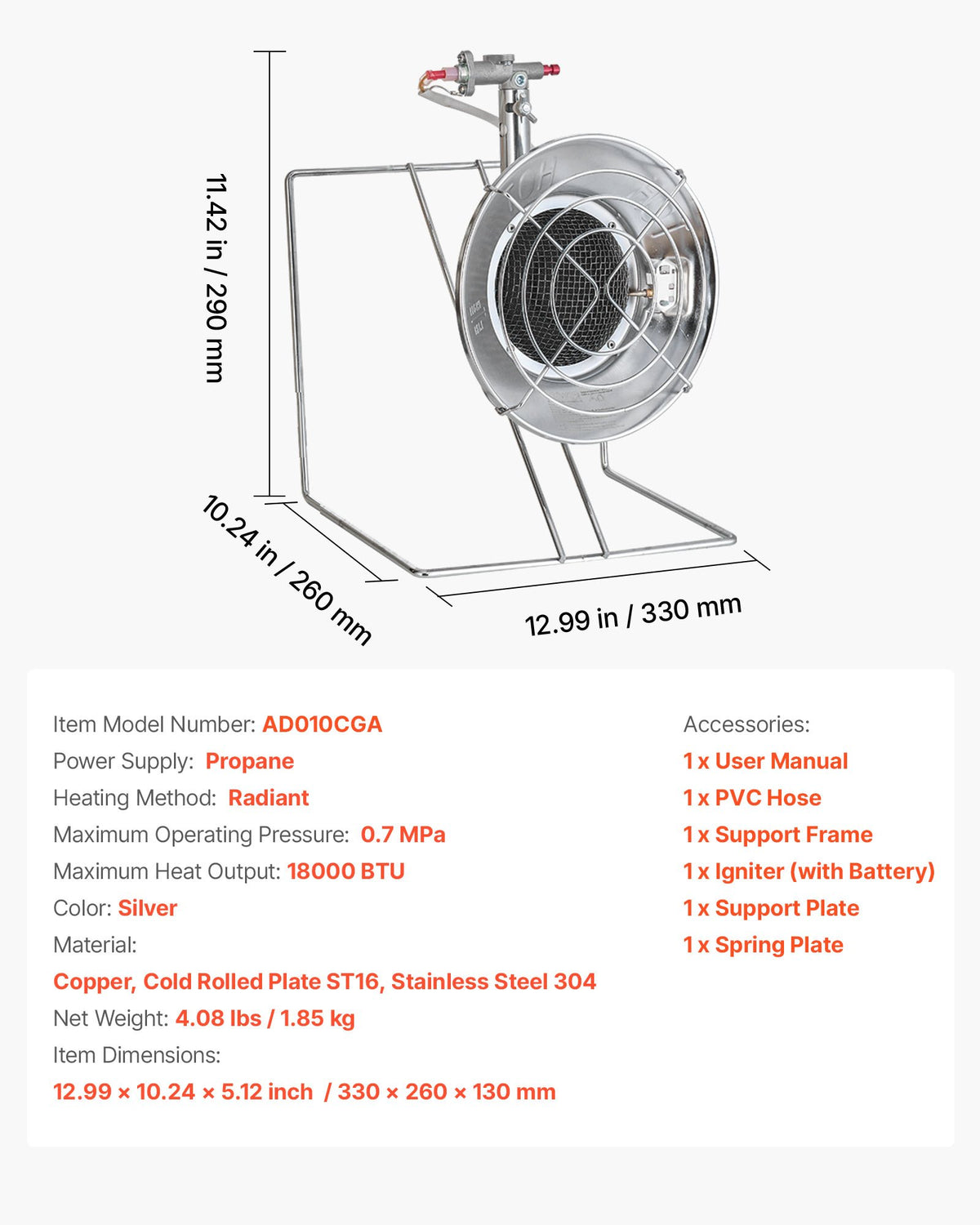 VEVOR Propane Tank Top Heater, for 1lb Small Tanks and 5-40lb Large Tanks, 18000 BTU Rapid Heating 180-Degree Infrared Radiant Tank Top Gas Heater,3 Heat Settings for Ice Fishing,Single Burner - BWGDJRQDTDX11ZBCK001V9 - view 8