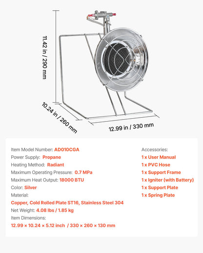 VEVOR Propane Tank Top Heater, for 1lb Small Tanks and 5-40lb Large Tanks, 18000 BTU Rapid Heating 180-Degree Infrared Radiant Tank Top Gas Heater,3 Heat Settings for Ice Fishing,Single Burner - BWGDJRQDTDX11ZBCK001V9 - view 8