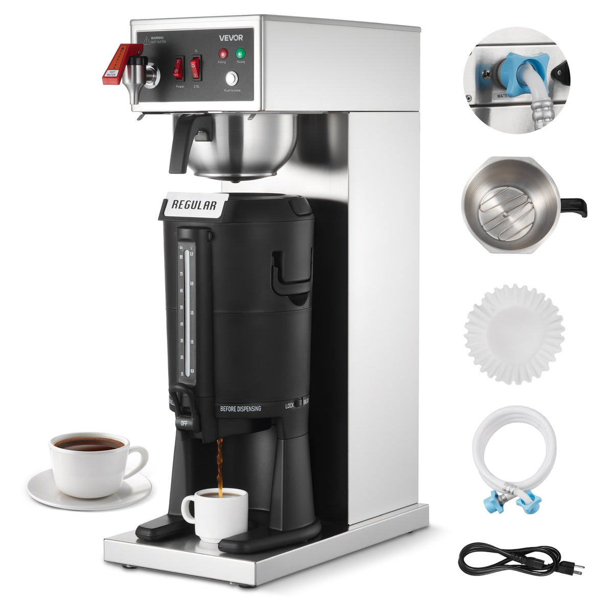 VEVOR Commercial Drip Coffee Maker, 16-17 Cups Machine with 2.5 L Thermal Carafe, Keep Warm for 4 Hours, Stainless Steel Brewer with Auto Water Filling, for Restaurant, Office, Coffee Shop & Home - BWHSYMSKFJJXJWVTA001V1 - view 1