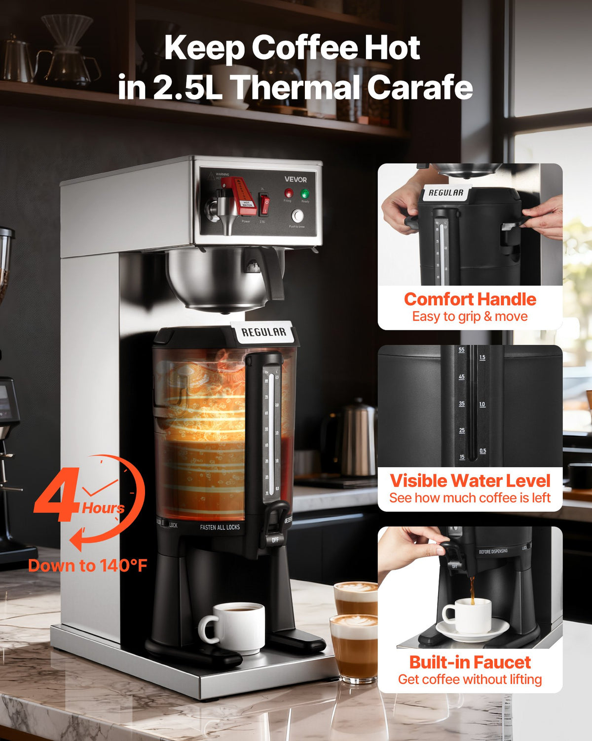 VEVOR Commercial Drip Coffee Maker, 16-17 Cups Machine with 2.5 L Thermal Carafe, Keep Warm for 4 Hours, Stainless Steel Brewer with Auto Water Filling, for Restaurant, Office, Coffee Shop & Home - BWHSYMSKFJJXJWVTA001V1 - view 4