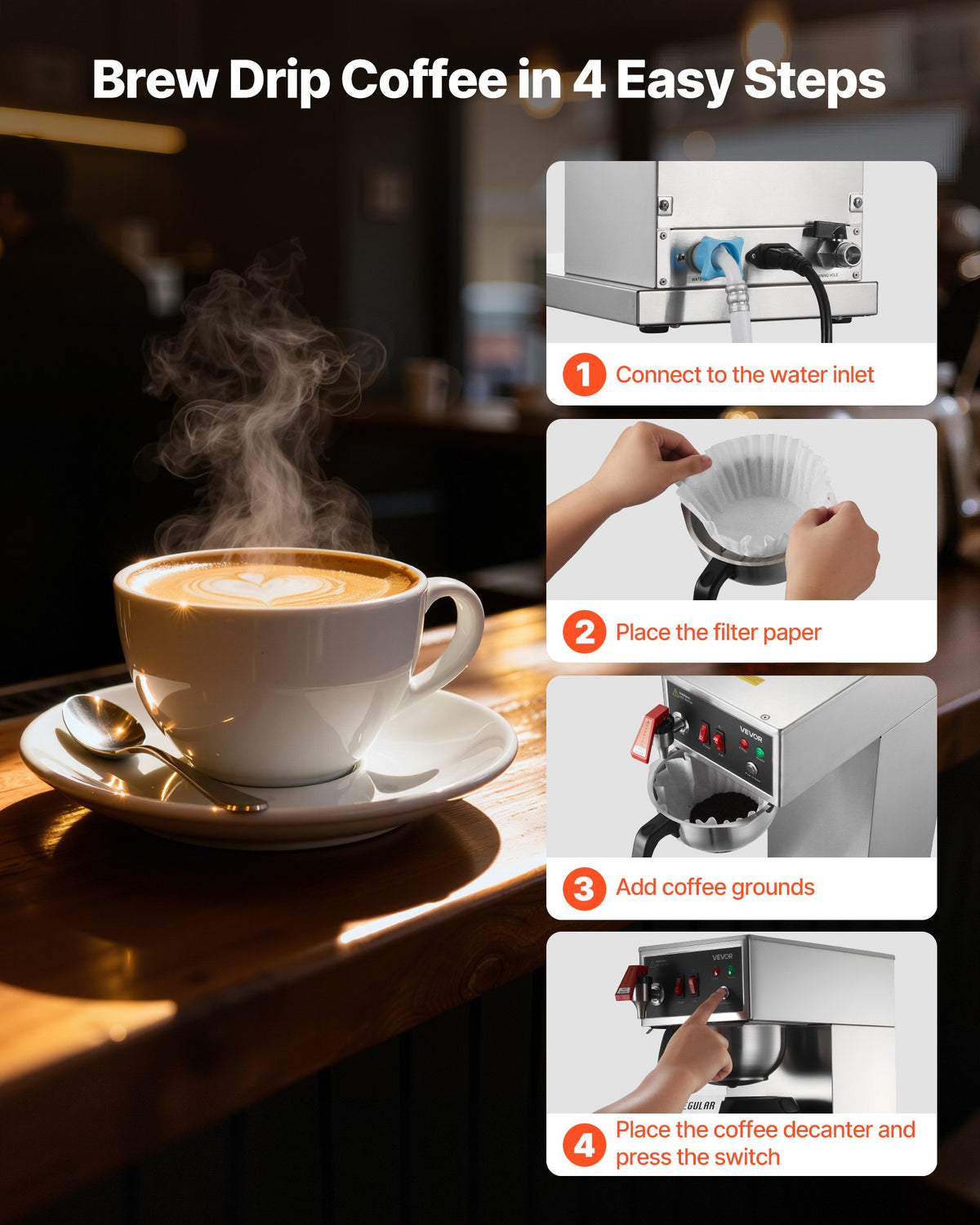 VEVOR Commercial Drip Coffee Maker, 16-17 Cups Machine with 2.5 L Thermal Carafe, Keep Warm for 4 Hours, Stainless Steel Brewer with Auto Water Filling, for Restaurant, Office, Coffee Shop & Home - BWHSYMSKFJJXJWVTA001V1 - view 6
