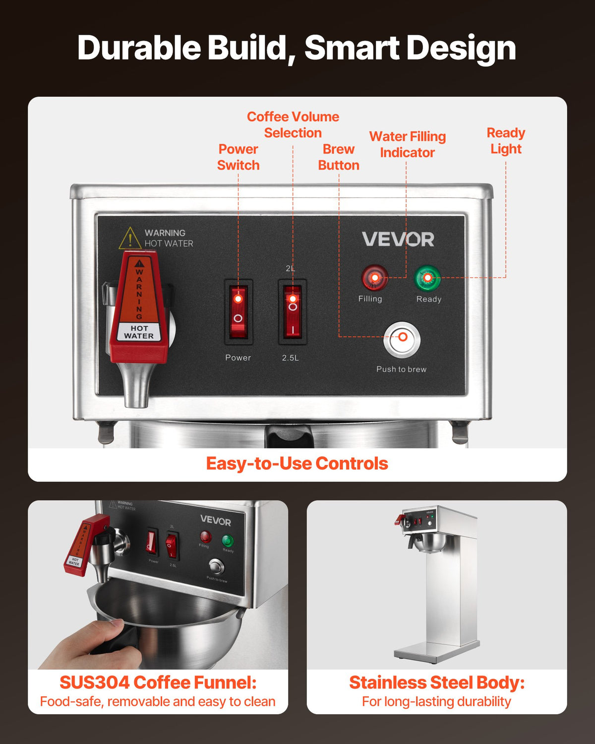 VEVOR Commercial Drip Coffee Maker, 16-17 Cups Machine with 2.5 L Thermal Carafe, Keep Warm for 4 Hours, Stainless Steel Brewer with Auto Water Filling, for Restaurant, Office, Coffee Shop & Home - BWHSYMSKFJJXJWVTA001V1 - view 7