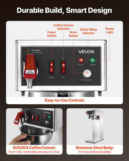 VEVOR Commercial Drip Coffee Maker, 16-17 Cups Machine with 2.5 L Thermal Carafe, Keep Warm for 4 Hours, Stainless Steel Brewer with Auto Water Filling, for Restaurant, Office, Coffee Shop & Home - BWHSYMSKFJJXJWVTA001V1 - view 7