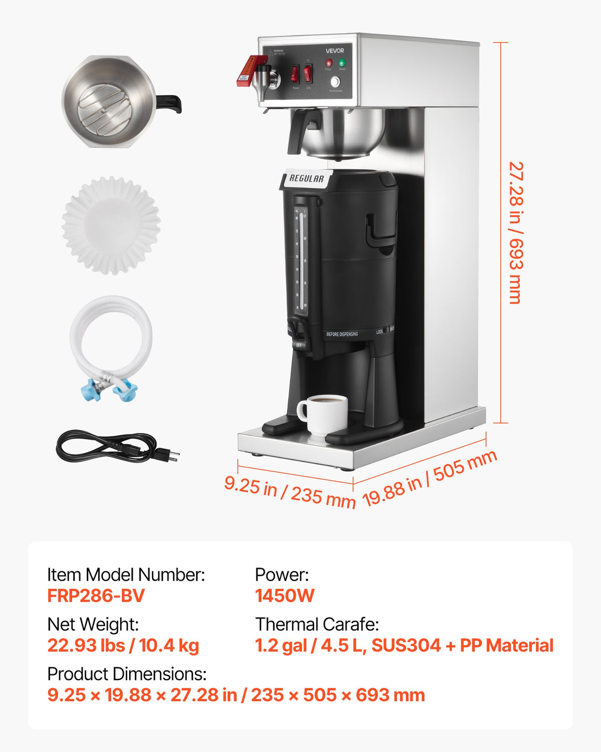 VEVOR Commercial Drip Coffee Maker, 16-17 Cups Machine with 2.5 L Thermal Carafe, Keep Warm for 4 Hours, Stainless Steel Brewer with Auto Water Filling, for Restaurant, Office, Coffee Shop & Home - BWHSYMSKFJJXJWVTA001V1 - view 8