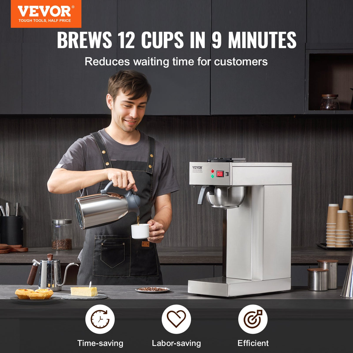 VEVOR 12 Cups Commercial Drip Coffee Maker, Coffee Maker Machine with Thermal Carafe to Keep Warm or Cold, Stainless Steel Pour Over Coffee Brewer for Restaurant, Office, Cafe - BWHSYMSKFJWRZRIP4V1 - view 3