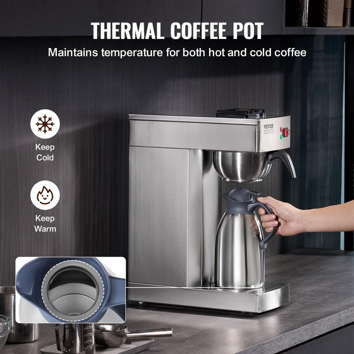 VEVOR 12 Cups Commercial Drip Coffee Maker, Coffee Maker Machine with Thermal Carafe to Keep Warm or Cold, Stainless Steel Pour Over Coffee Brewer for Restaurant, Office, Cafe - BWHSYMSKFJWRZRIP4V1 - view 4