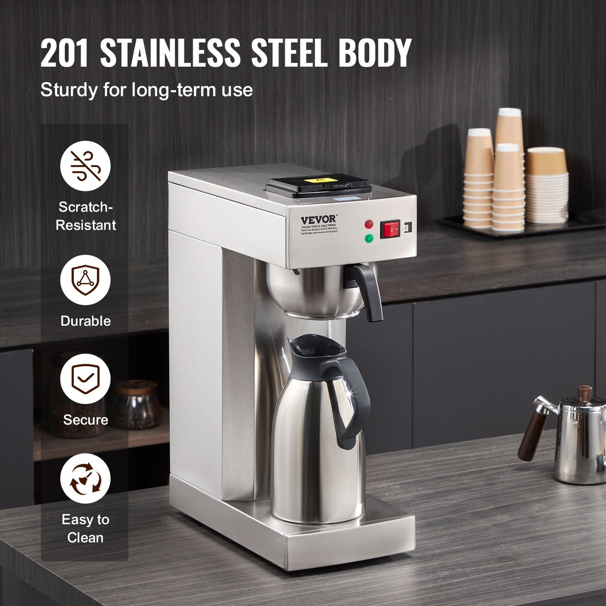 VEVOR 12 Cups Commercial Drip Coffee Maker, Coffee Maker Machine with Thermal Carafe to Keep Warm or Cold, Stainless Steel Pour Over Coffee Brewer for Restaurant, Office, Cafe - BWHSYMSKFJWRZRIP4V1 - view 6