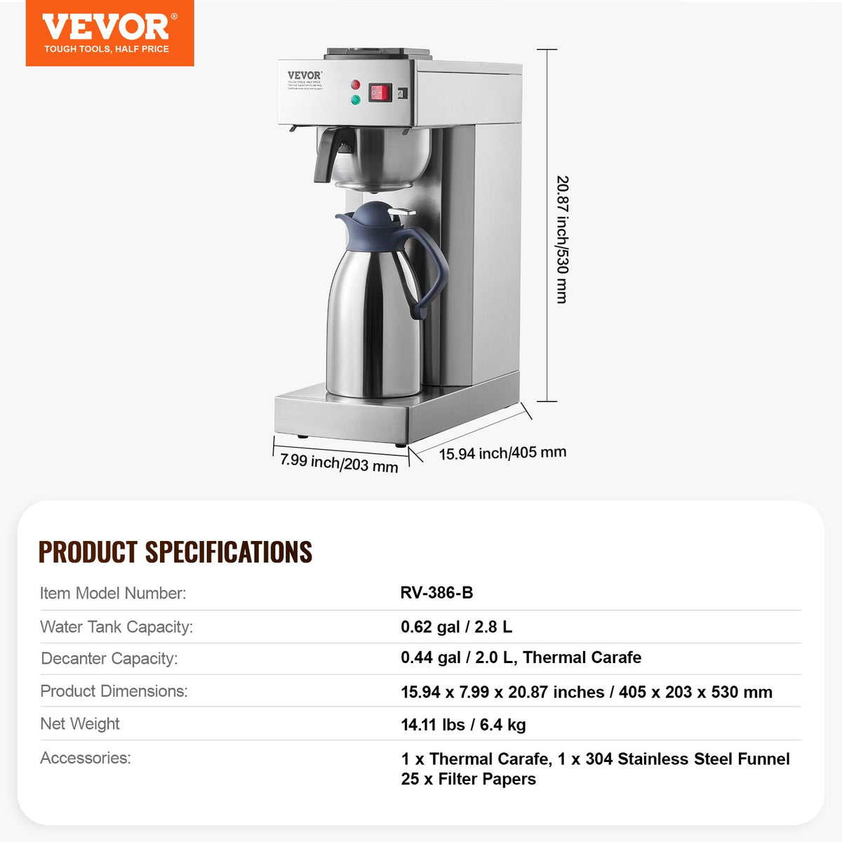 VEVOR 12 Cups Commercial Drip Coffee Maker, Coffee Maker Machine with Thermal Carafe to Keep Warm or Cold, Stainless Steel Pour Over Coffee Brewer for Restaurant, Office, Cafe - BWHSYMSKFJWRZRIP4V1 - view 8