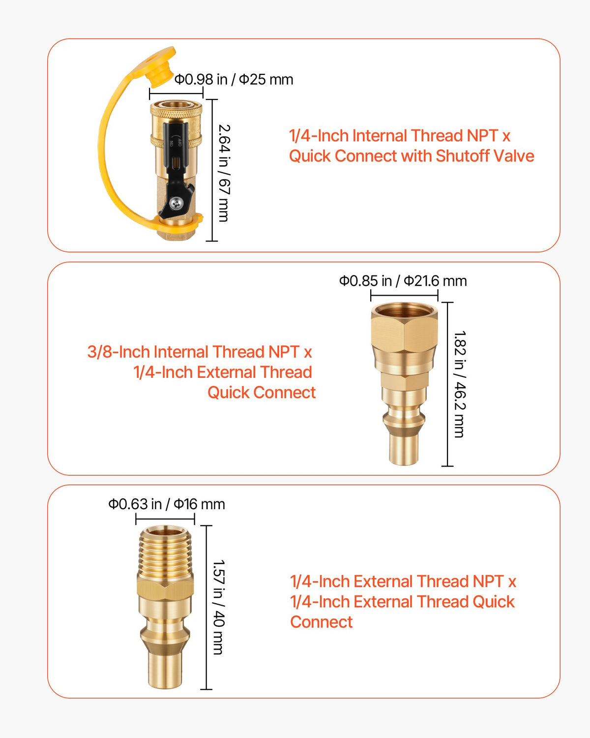 VEVOR RV Propane Quick Connect Fitting Adapter Valve, 7 Pieces, 1/4-Inch Male NPT Full Flow Plug & 3/8-Inch Male Flare Quick Kit for Low Pressure Gas Appliances and RV Propane Quick Connections - BWKSJTZTX000JXVM2001V0 - view 3