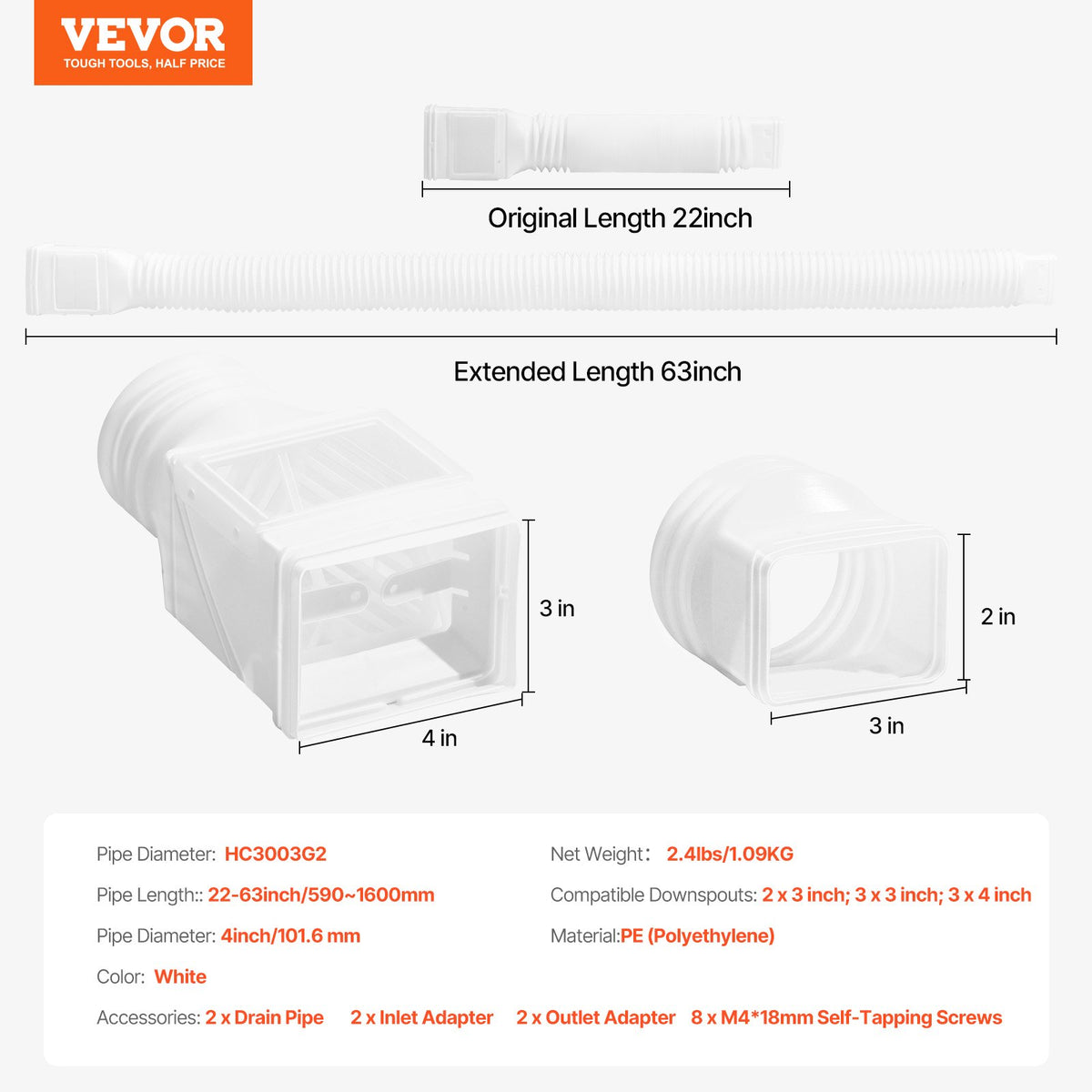VEVOR Rain Gutter Downspout Extensions, 2-Pack Flexible Downspout Extender, Down Spout Drain Extension Extendable from 22" to 63", Gutter Extensions with Adapters, for Rainwater Drainage, White - BWPSGDSPQ226HUGKYV0 - view 8
