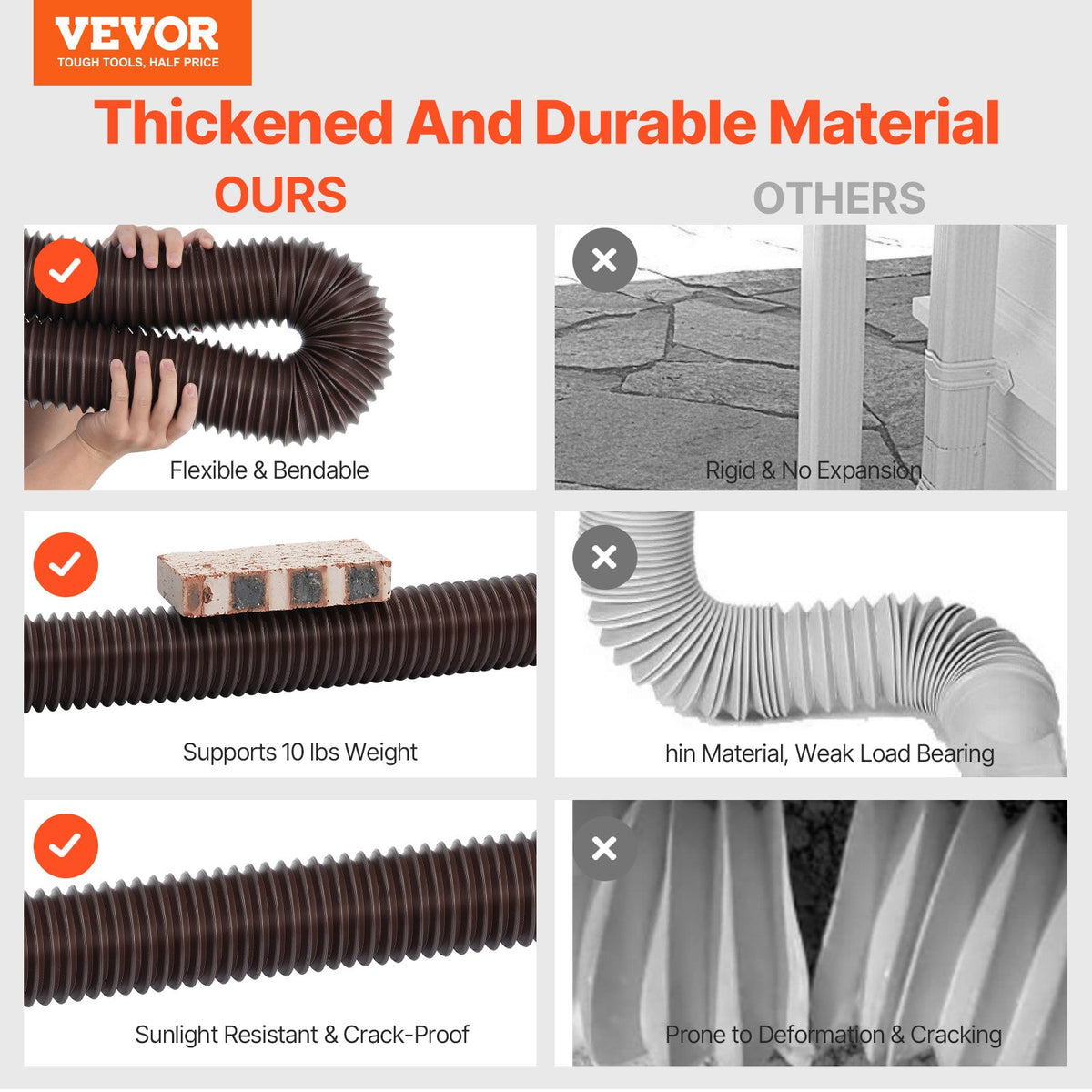 VEVOR Rain Gutter Downspout Extensions, 2-Pack Flexible Downspout Extender, Down Spout Drain Extension Extendable from 22" to 63", Gutter Extensions with Adapters, for Rainwater Drainage, Brown - BWPSGDSPQ226Z4B9SV0 - view 3