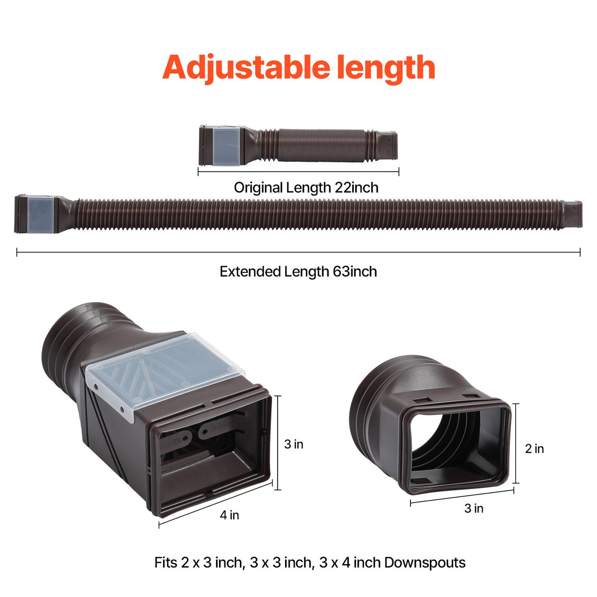 VEVOR Rain Gutter Downspout Extensions, 2-Pack Flexible Downspout Extender, Down Spout Drain Extension Extendable from 22" to 63", Gutter Extensions with Adapters, for Rainwater Drainage, Brown - BWPSGDSPQ226Z4B9SV0 - view 4