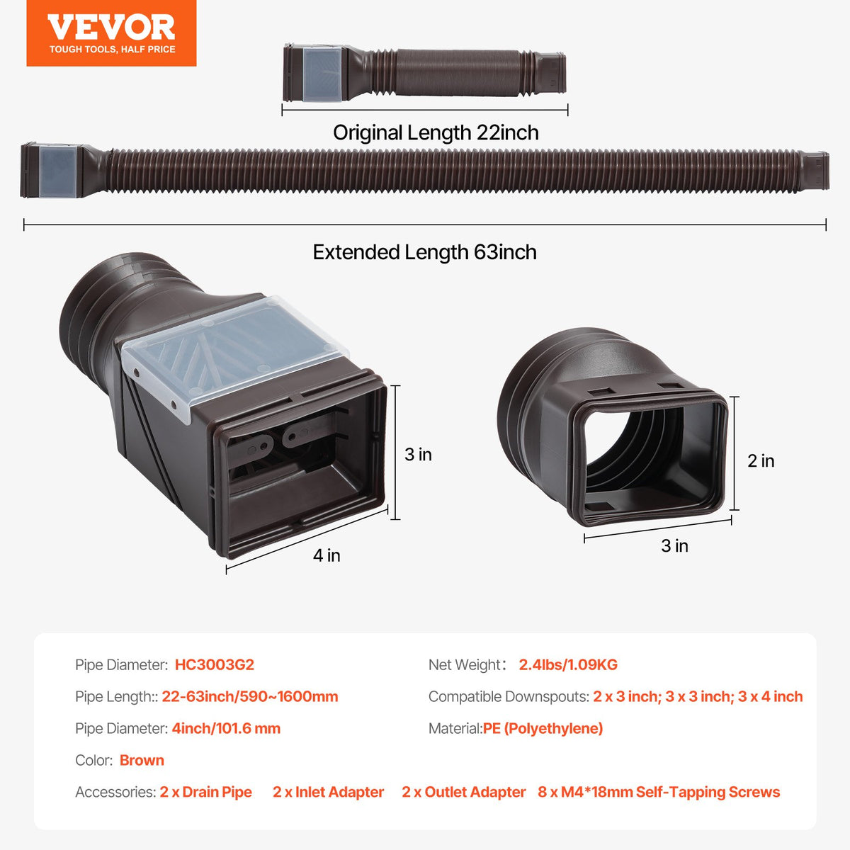 VEVOR Rain Gutter Downspout Extensions, 2-Pack Flexible Downspout Extender, Down Spout Drain Extension Extendable from 22" to 63", Gutter Extensions with Adapters, for Rainwater Drainage, Brown - BWPSGDSPQ226Z4B9SV0 - view 8