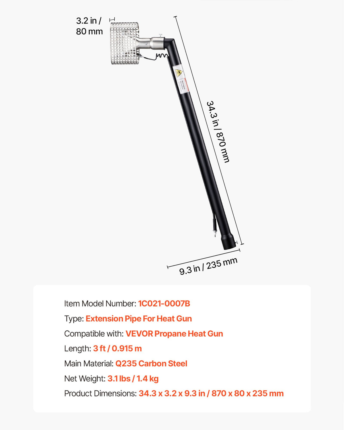 VEVOR 3FT Extension Pole for Heat Gun, Only Compatible with VEVOR Propane Heat Guns, Extended Reach Rod for Fast Heat-Shrink Wrapping, Combustor Head Included - BWRFQYZGSPVE6Q7IZ001V0 - view 8