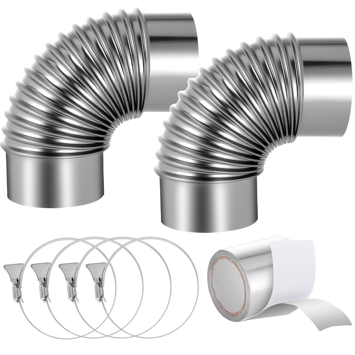 VEVOR 2 Pack Dryer Vent Elbow, 90 Degree Hose Connector Kit for 4 Inch Duct, Stainless Steel Vent Elbows with 4 Clamps and Aluminum Foil Tape, for HVAC Ducts, Pipes, and Ductworks at Tight Space - BWWT904INCH24D5IB001V0 - view 1