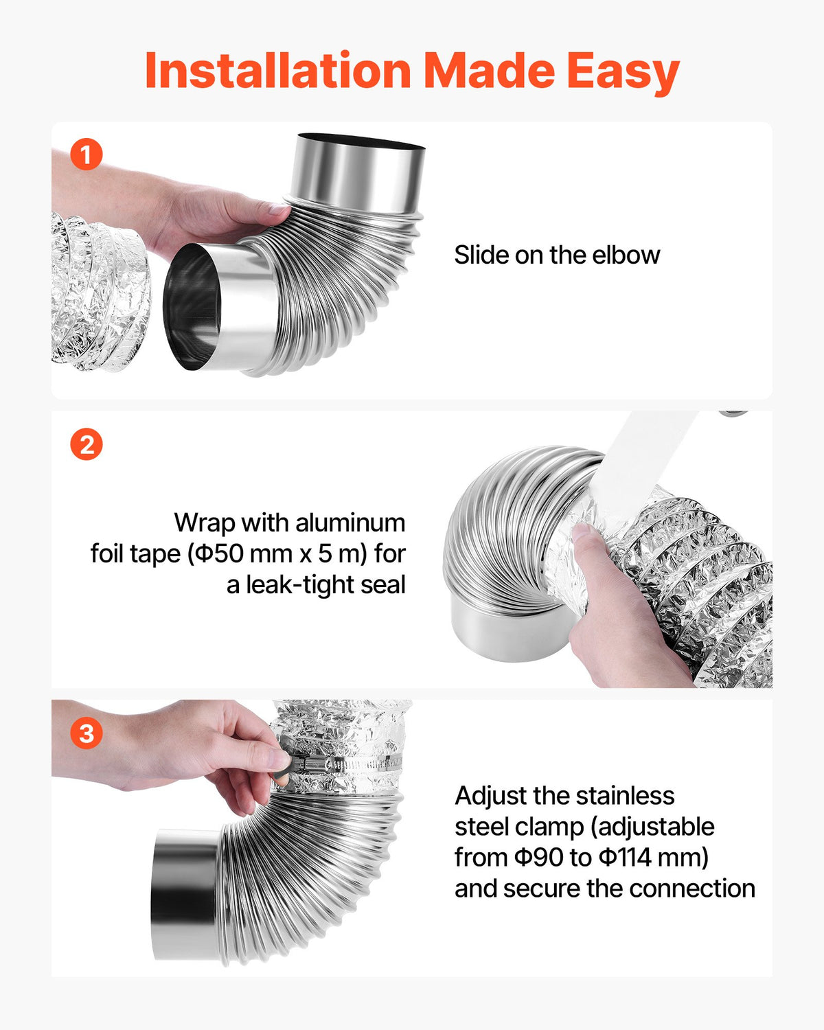 VEVOR 2 Pack Dryer Vent Elbow, 90 Degree Hose Connector Kit for 4 Inch Duct, Stainless Steel Vent Elbows with 4 Clamps and Aluminum Foil Tape, for HVAC Ducts, Pipes, and Ductworks at Tight Space - BWWT904INCH24D5IB001V0 - view 6