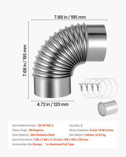 VEVOR 2 Pack Dryer Vent Elbow, 90 Degree Hose Connector Kit for 4 Inch Duct, Stainless Steel Vent Elbows with 4 Clamps and Aluminum Foil Tape, for HVAC Ducts, Pipes, and Ductworks at Tight Space - BWWT904INCH24D5IB001V0 - view 8