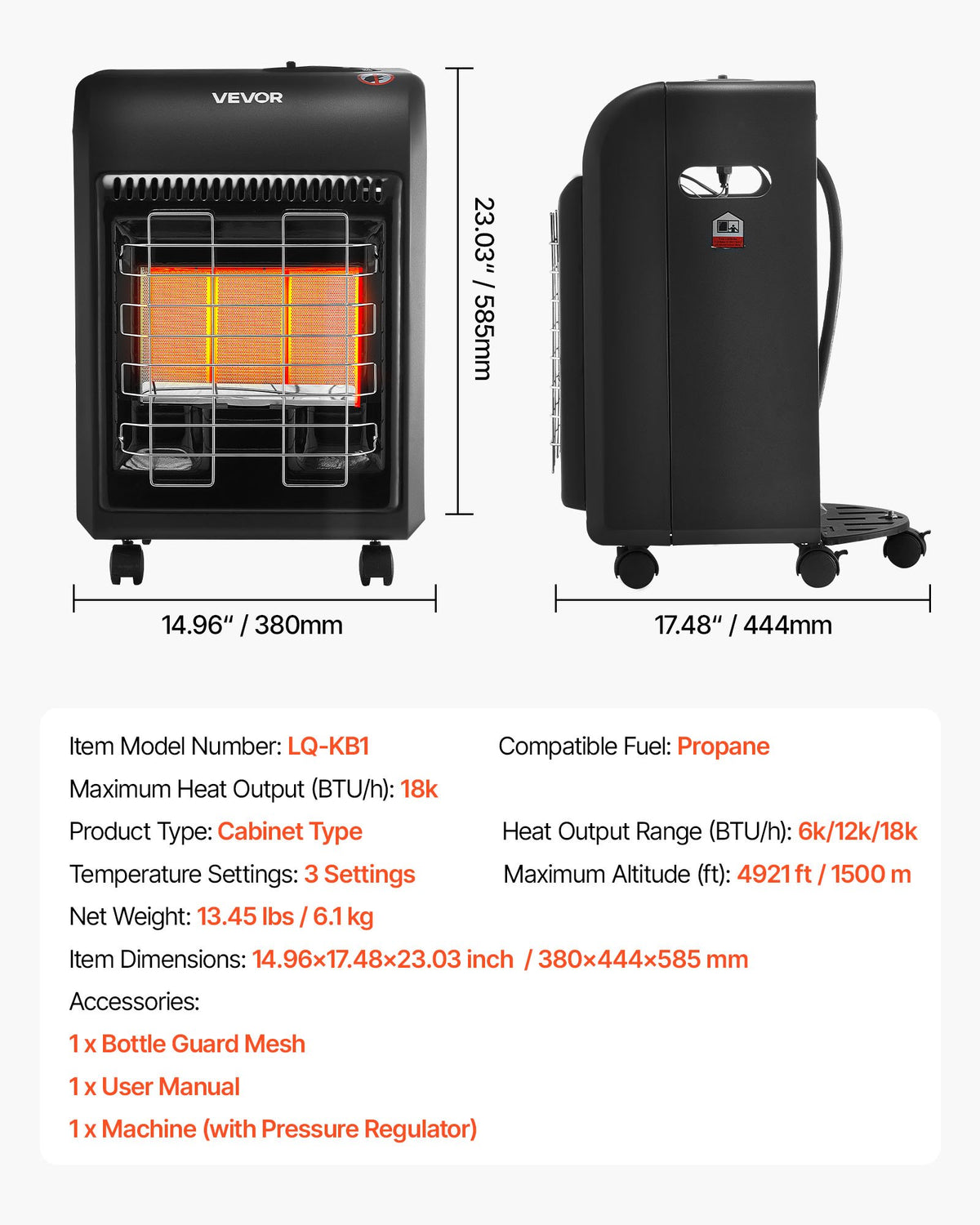 VEVOR Propane Heater, 6000 to 18000 BTU Propane Cabinet Heater with 3 Modes Temp Settings & Tip-over Protection, Garage Radiator Heat up to 450 Sq.Ft, for Camping,Garage, Patio,Indoor/Outdoor - BXBWJRQJS141S25Y9001V0 - view 8