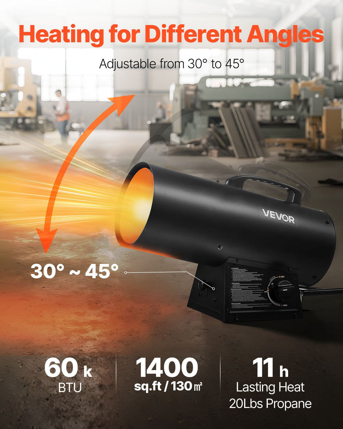 VEVOR Propane Heater, 60000BTU Forced Air Propane Heater with Stepless Temp Settings & security Protection, Portable Garage/Shop Barrel Heater for Garages, Job Sites,Indoor/Outdoor - BXBWJRQPTNFJNE4CR001V1 - view 3