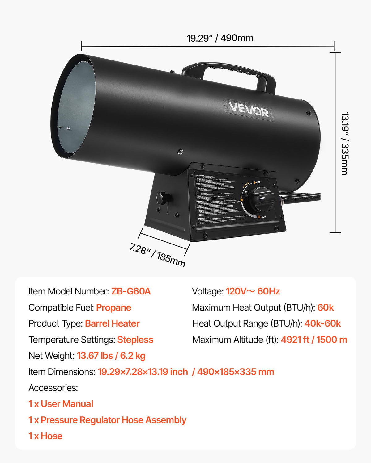 VEVOR Propane Heater, 60000BTU Forced Air Propane Heater with Stepless Temp Settings & security Protection, Portable Garage/Shop Barrel Heater for Garages, Job Sites,Indoor/Outdoor - BXBWJRQPTNFJNE4CR001V1 - view 8