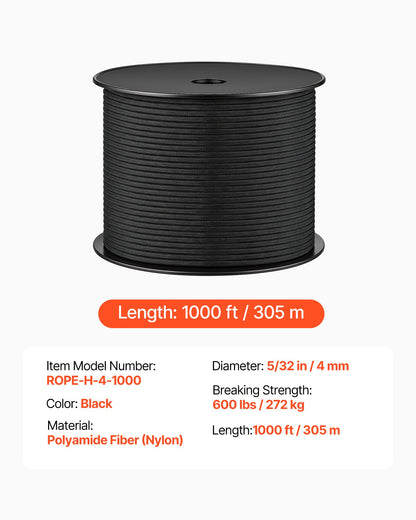 VEVOR Paracord Rope 5/32 in x 1000 ft Nylon Parachute Cord 550 Tactical, Survival Cord, Heavy Duty 7 Strand, 600 lbs High Breaking Strength, Utility Rope, for Outdoor Camping & Bracelets, Black - BXBZSBXBZPTJWABXX001V0 - view 8