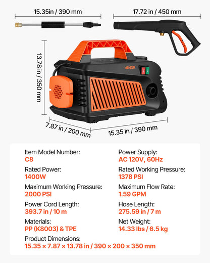 VEVOR Electric Pressure Washer, 2000 Max PSI 1.59 Max GPM, Portable Power Washer with 4 Nozzles, Metal Extension Wand, Built-in Carry Handle, Compact & Flexible for  Cars,Driveways,Patios,Fences,Home - BXDDGYQXJJLD4W2OG001V1 - view 8