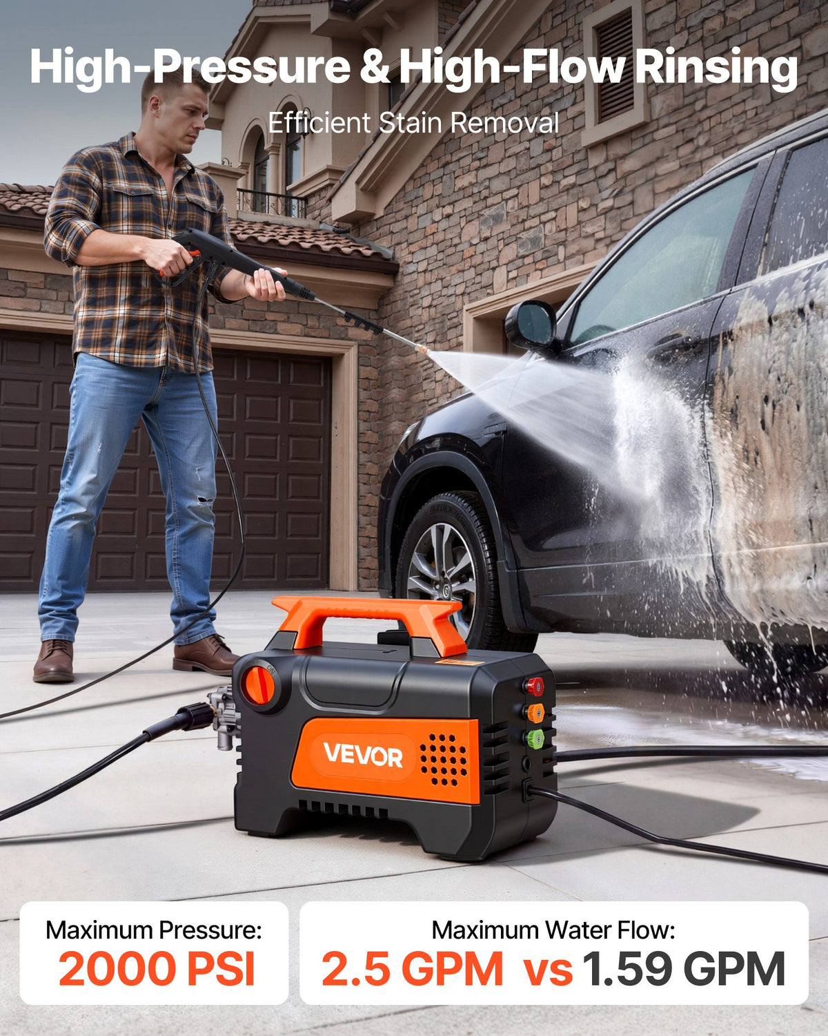 VEVOR Electric Pressure Washer, 1958 Max PSI 2.5 Max GPM, Portable Power Washer with 4 Nozzles, Metal Extension Wand, Commercial-Grade 5-Piston Plunger Pump, High Pressure for  Cars,Driveways,Patios - BXDDGYQXJJLDYW4ID001V1 - view 3