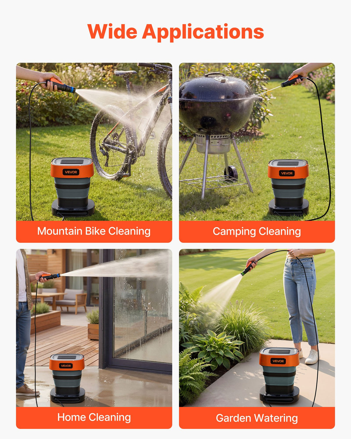 VEVOR Portable Cordless Pressure Washer with 2.64 Gal Tank, Foldable Power Washer 109 Max PSI, 3 Nozzles, Magnetic Sponge Brush & Soft Bristle Brush,78.7 in Hose, for Bike Cleaning, Patio, Camping - BXDDGYQXJZLDD2VL2001V1 - view 4