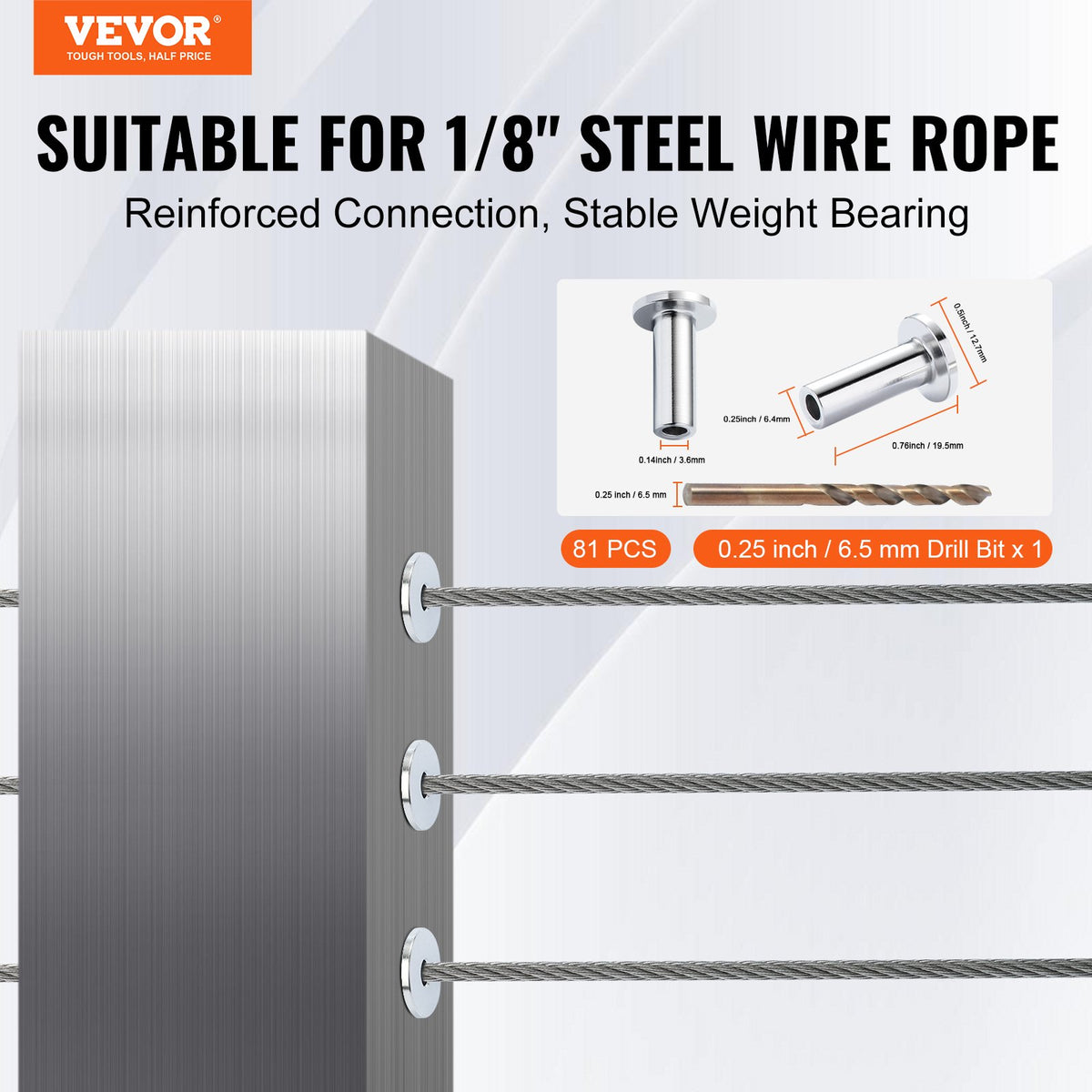 VEVOR 81 Pack T316 Stainless Steel Protector Sleeves for 1/8" Wire Rope Cable Railing, DIY Balustrade T316 Marine Grade, Come with A Free Drill Bit, Silver - BXGBHT81JYS032LCCV0 - view 3