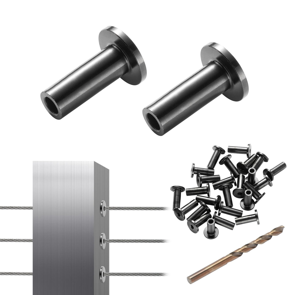 VEVOR 101 Pack T316 Stainless Steel Protector Sleeves for 1/8" Wire Rope Cable Railing, DIY Balustrade T316 Marine Grade, Come with A Free Drill Bit, Black - BXGBHTHS101JHX76KV0 - view 1