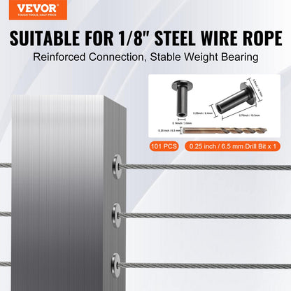 VEVOR 101 Pack T316 Stainless Steel Protector Sleeves for 1/8" Wire Rope Cable Railing, DIY Balustrade T316 Marine Grade, Come with A Free Drill Bit, Black - BXGBHTHS101JHX76KV0 - view 3