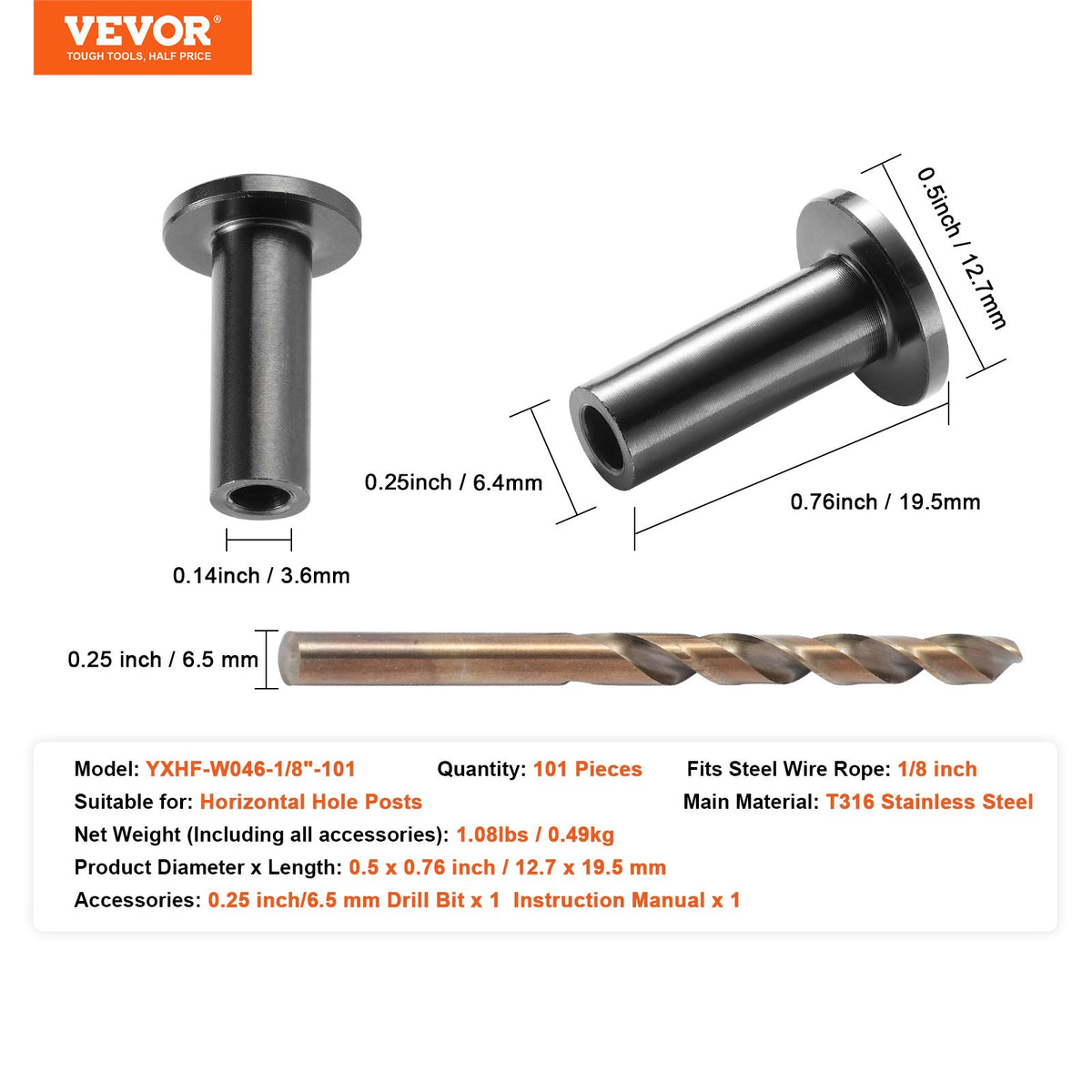 VEVOR 101 Pack T316 Stainless Steel Protector Sleeves for 1/8" Wire Rope Cable Railing, DIY Balustrade T316 Marine Grade, Come with A Free Drill Bit, Black - BXGBHTHS101JHX76KV0 - view 8