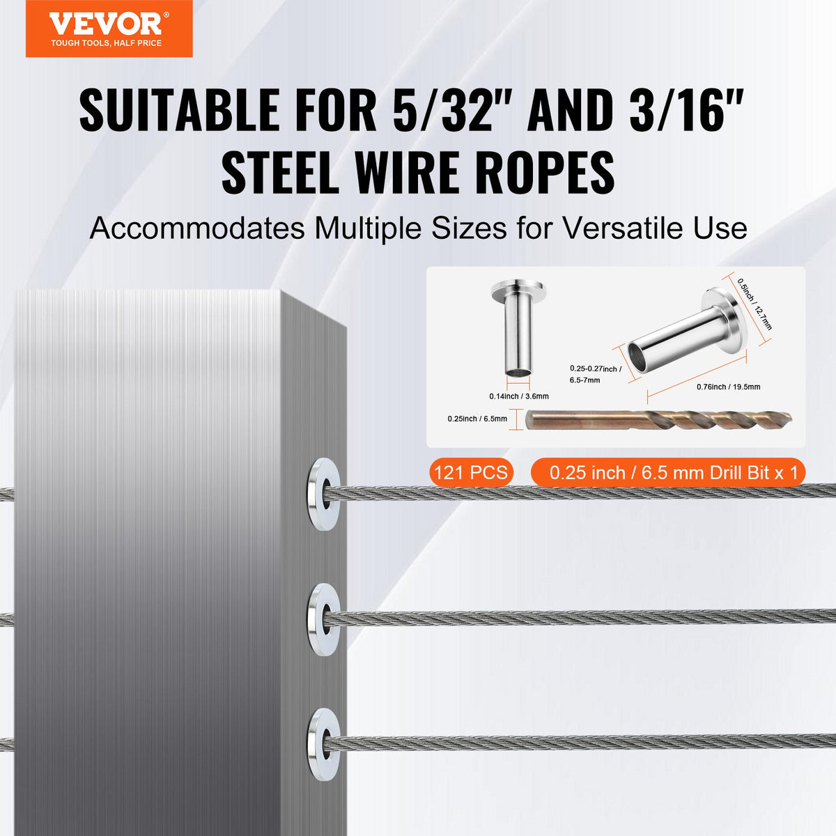 VEVOR 121 Pack T316 Stainless Steel Protector Sleeves for 5/32" 3/16" Wire Rope Cable Railing, DIY Balustrade T316 Marine Grade, Come with A Free Drill Bit, Silver - BXGBHTYS121JABYP2V0 - view 3