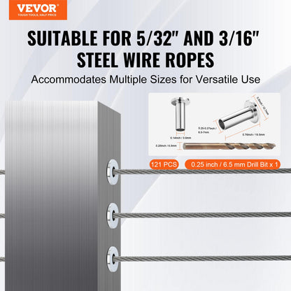 VEVOR 121 Pack T316 Stainless Steel Protector Sleeves for 5/32" 3/16" Wire Rope Cable Railing, DIY Balustrade T316 Marine Grade, Come with A Free Drill Bit, Silver - BXGBHTYS121JABYP2V0 - view 3
