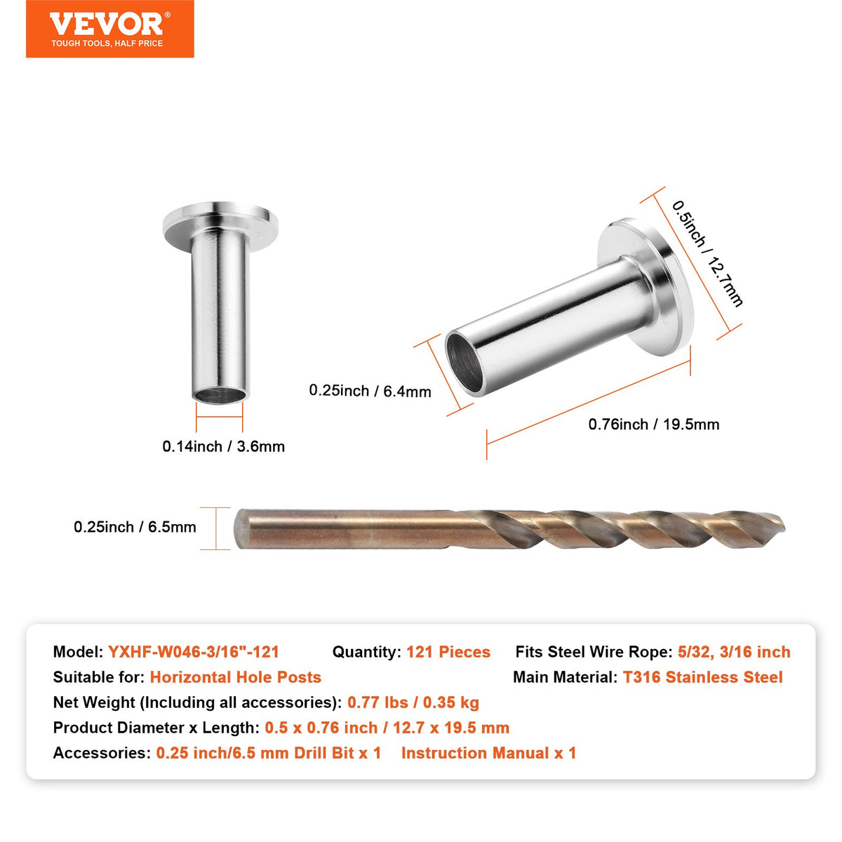 VEVOR 121 Pack T316 Stainless Steel Protector Sleeves for 5/32" 3/16" Wire Rope Cable Railing, DIY Balustrade T316 Marine Grade, Come with A Free Drill Bit, Silver - BXGBHTYS121JABYP2V0 - view 8