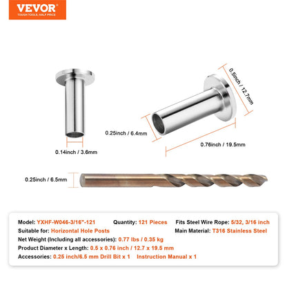 VEVOR 121 Pack T316 Stainless Steel Protector Sleeves for 5/32" 3/16" Wire Rope Cable Railing, DIY Balustrade T316 Marine Grade, Come with A Free Drill Bit, Silver - BXGBHTYS121JABYP2V0 - view 8