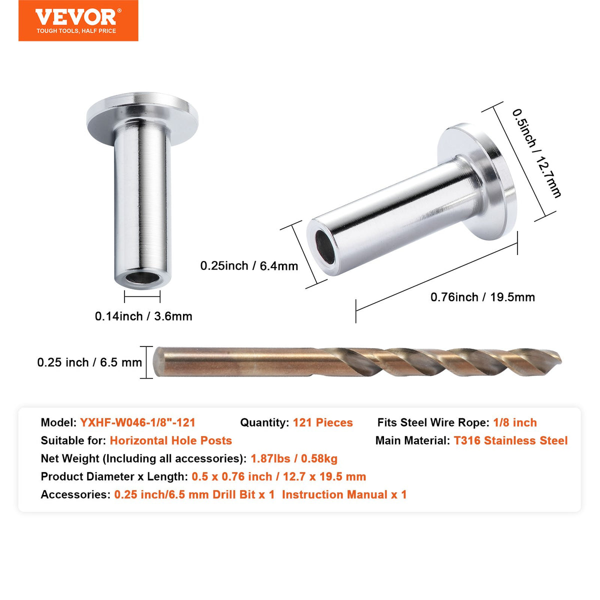 VEVOR 121 Pack T316 Stainless Steel Protector Sleeves for 1/8" Wire Rope Cable Railing, DIY Balustrade T316 Marine Grade, Come with A Free Drill Bit, Silver - BXGBHTYS121JM10KIV0 - view 8