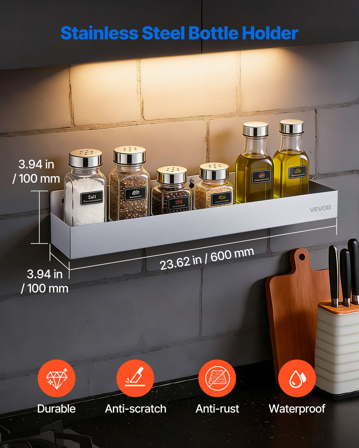 VEVOR Stainless Steel Bottle Holder, 24 Inch Bar Speed Rail, Liquor Bottle Holder Rack with Bolt-On Mounting & Hook-On Mounting, Wall Mounted Syrup Rack for Kitchen, Bar, Restaurant, Pub, Silver - BXGCBCPJQZJJX28OV001V0 - view 3