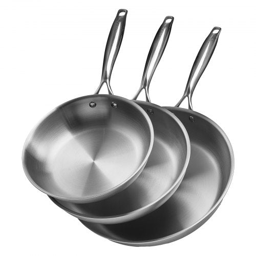 VEVOR Tri-Ply Stainless Steel Frying Pan, 3 Pcs Set (8, 10, 12 in), Cooking Skillet with Heat-Resistant Handle, Chef's Kitchen Cookware, Oven, Gas, Electric, Induction, Dishwasher Compatible, Silver - BXGCGSJTBXG8CNBK6001V0 - view 2