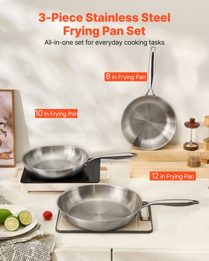 VEVOR Tri-Ply Stainless Steel Frying Pan, 3 Pcs Set (8, 10, 12 in), Cooking Skillet with Heat-Resistant Handle, Chef's Kitchen Cookware, Oven, Gas, Electric, Induction, Dishwasher Compatible, Silver - BXGCGSJTBXG8CNBK6001V0 - view 3